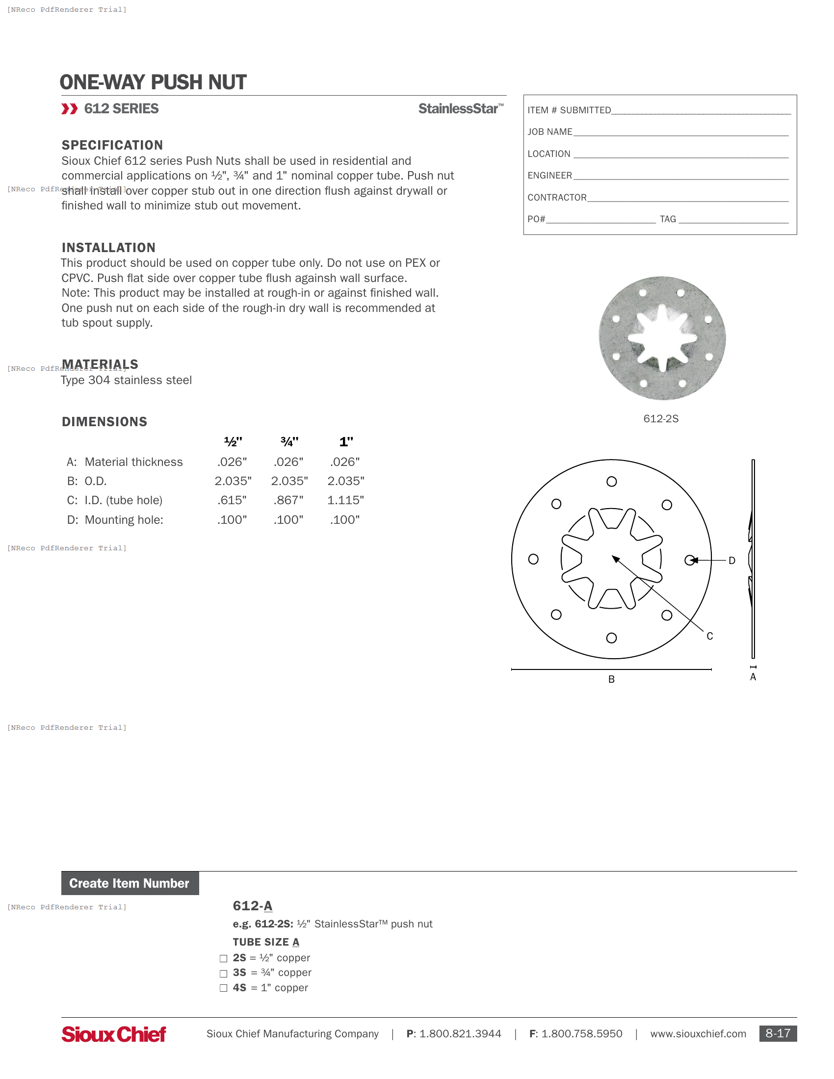612 SERIES - STAINLESSSTAR PUSH NUT - SPEC SHEET.PDF Specification Document